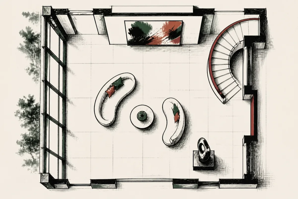Vista superior dibujada a lápiz de un gran salón contemporáneo con escalera curva, dos sofás escultóricos, pintura monumental y escultura.