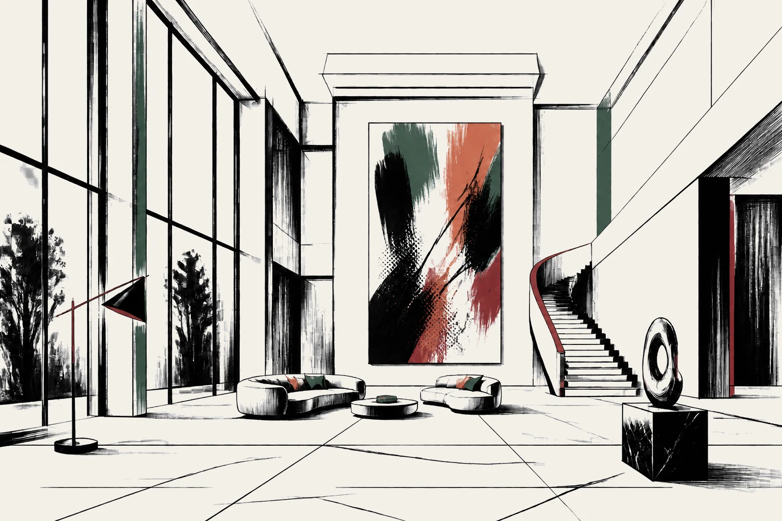 Esquema editorial a lápiz de un gran salón de doble altura con escalera escultórica, ventanales y pintura monumental.