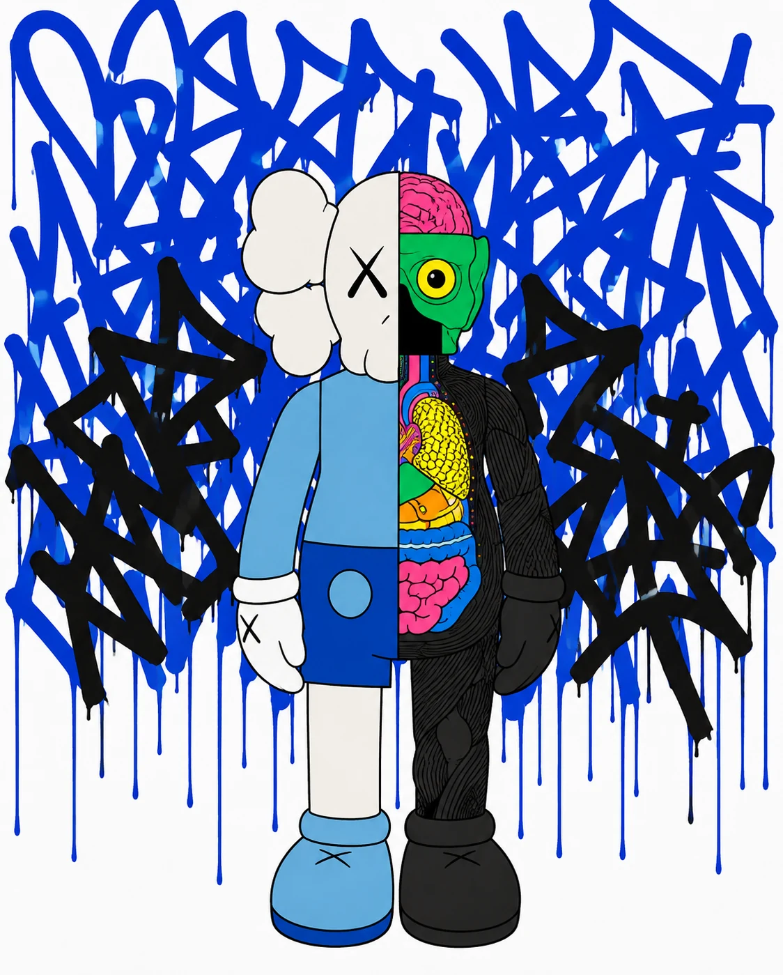 Obra azul, a frontal figure divided between blue graphic surface and exposed anatomy on a white canvas