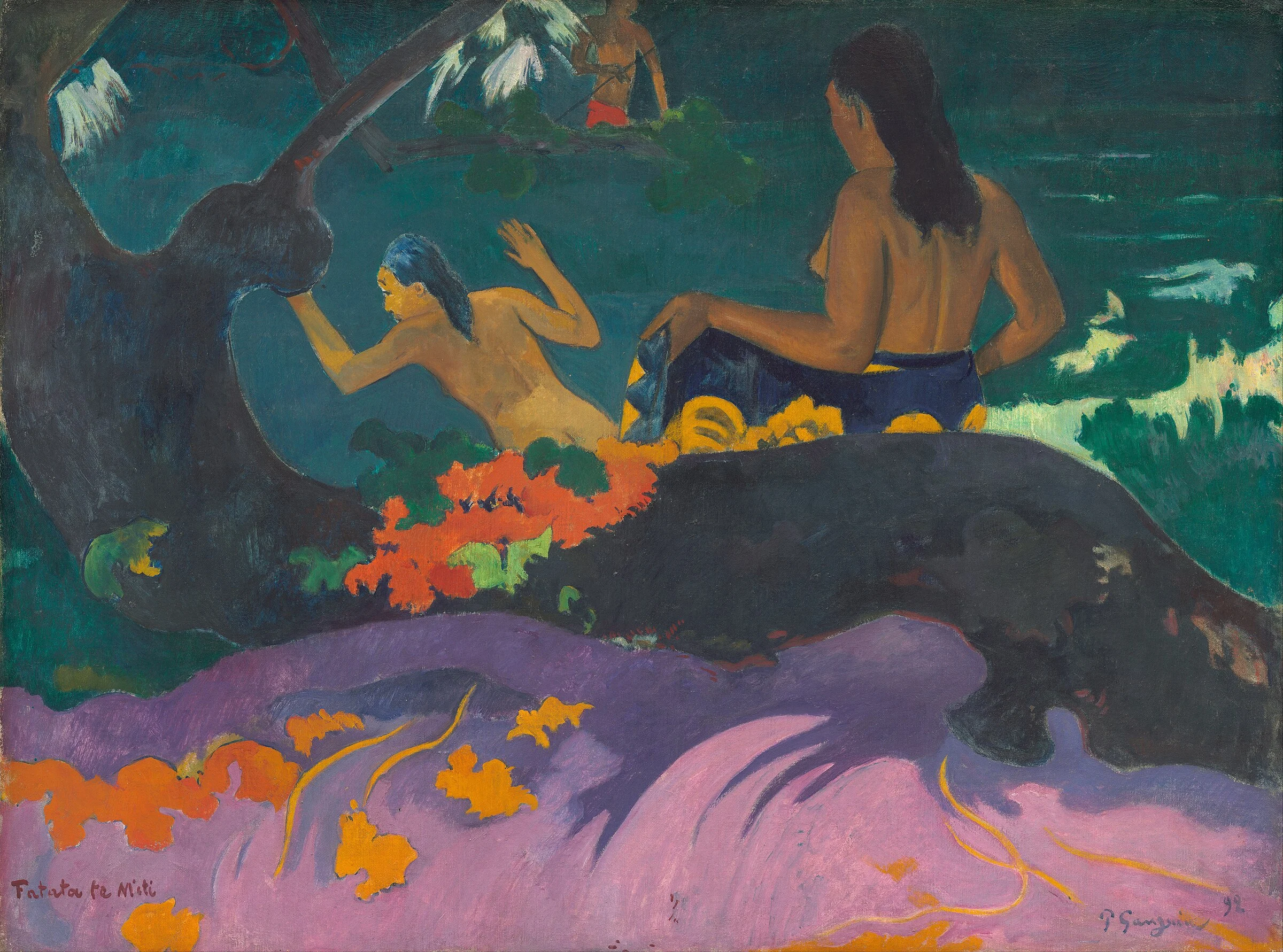 Fatata te miti de Paul Gauguin, dos mujeres tahitianas entrando al mar entre verdes, azules y naranjas intensos.