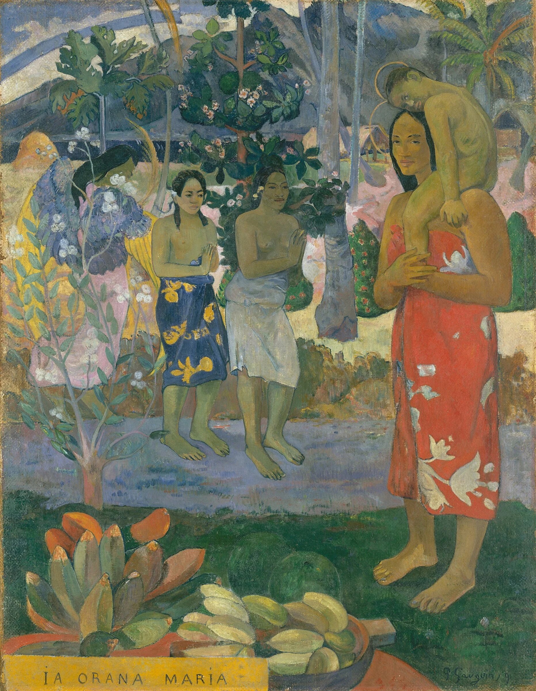 Ia Orana Maria de Paul Gauguin, escena tahitiana en la que una mujer con un niño es saludada por dos figuras.