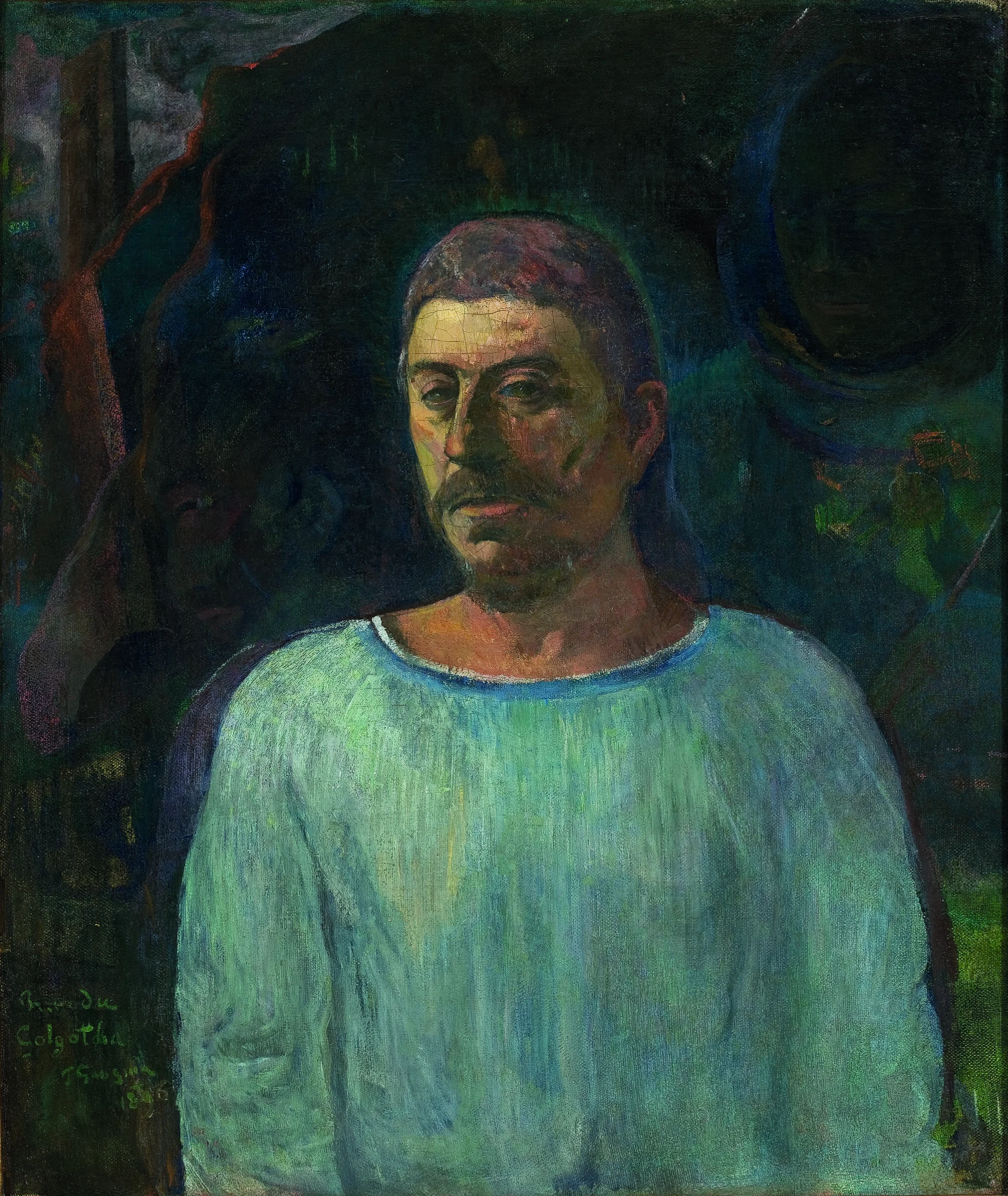 Autorretrato cerca del Gólgota de Paul Gauguin, rostro frontal de expresión severa sobre un fondo oscuro.