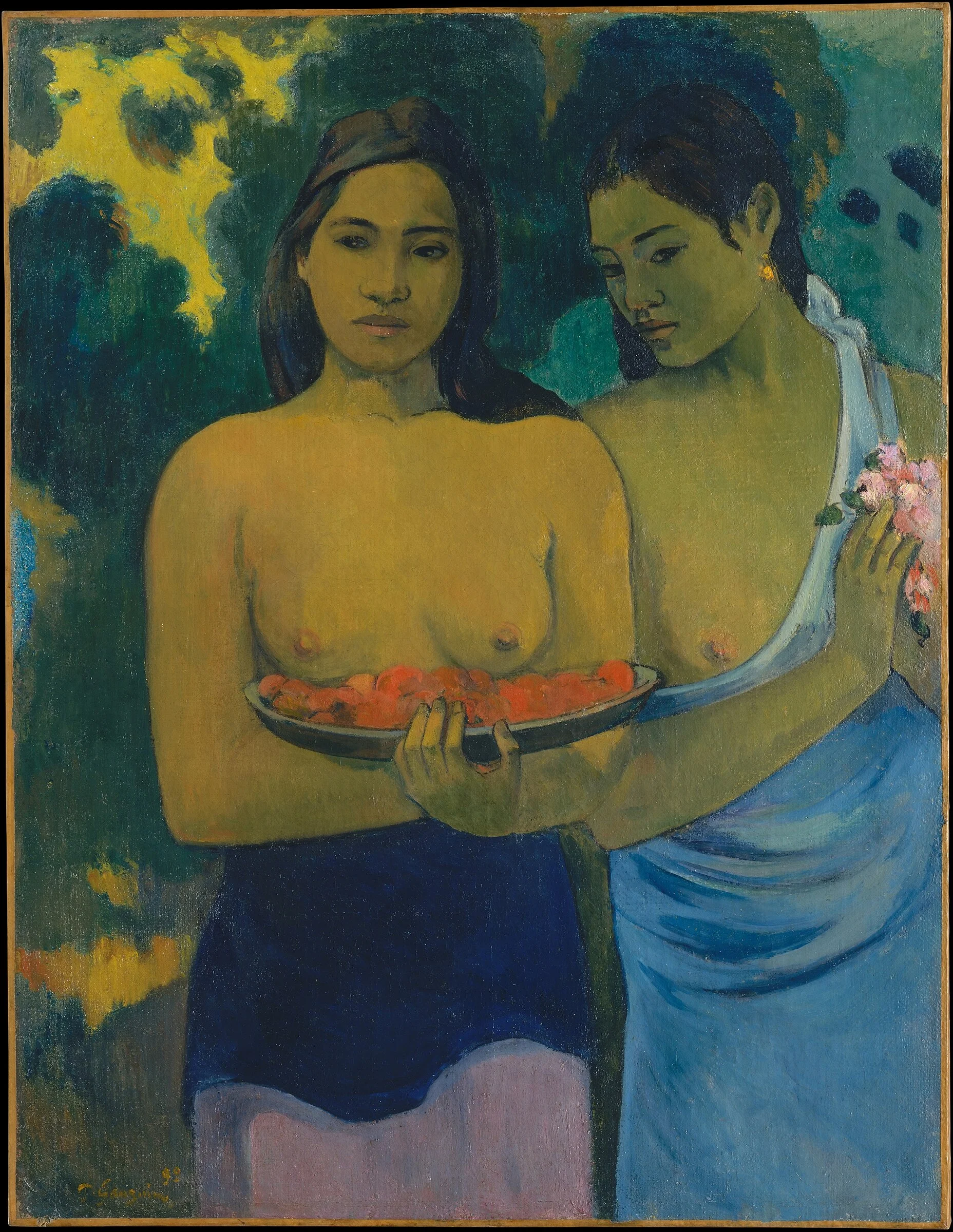Dos mujeres tahitianas de Paul Gauguin, retrato doble de figuras que sostienen flores y frutas.