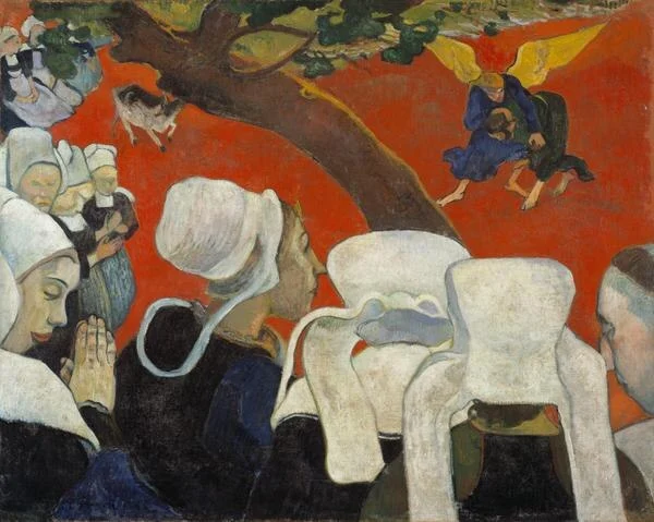 Visión después del sermón de Paul Gauguin con figuras bretonas y una lucha bíblica sobre fondo rojo