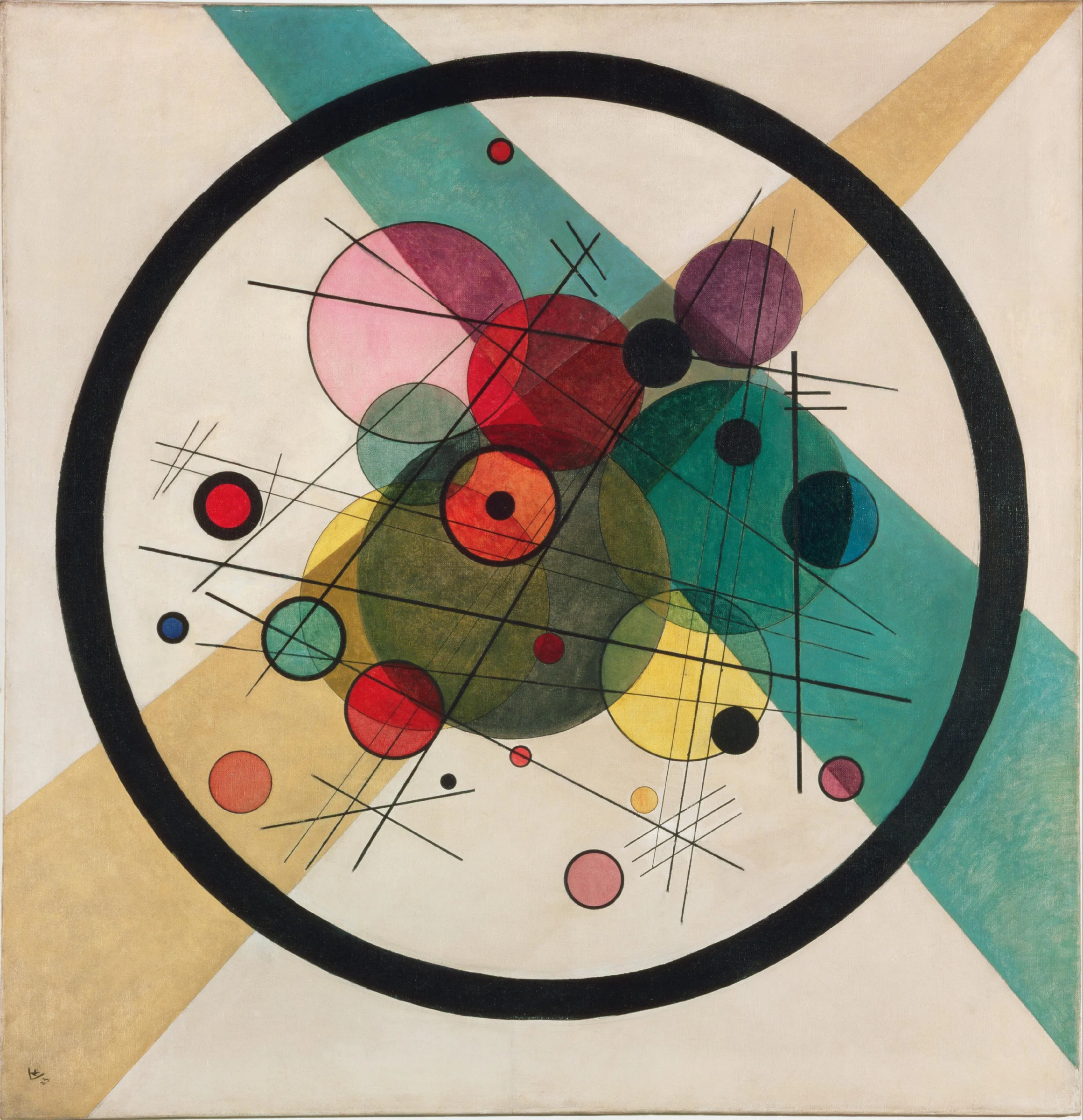 Círculos en un círculo de Wassily Kandinsky, composición de discos y líneas encerrados en una gran circunferencia negra.