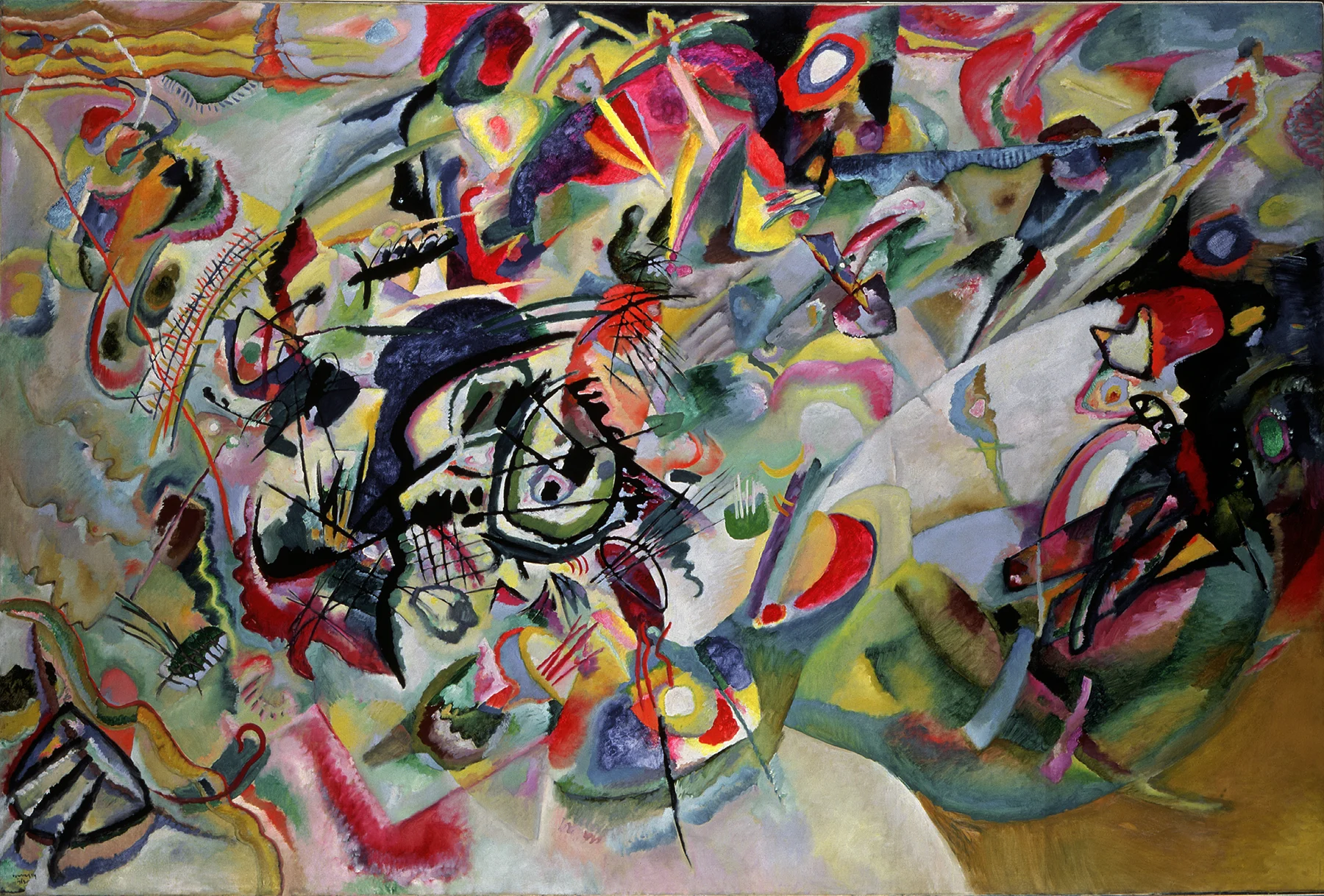 Composición VII de Wassily Kandinsky, remolino abstracto de trazos negros y manchas intensas de color.