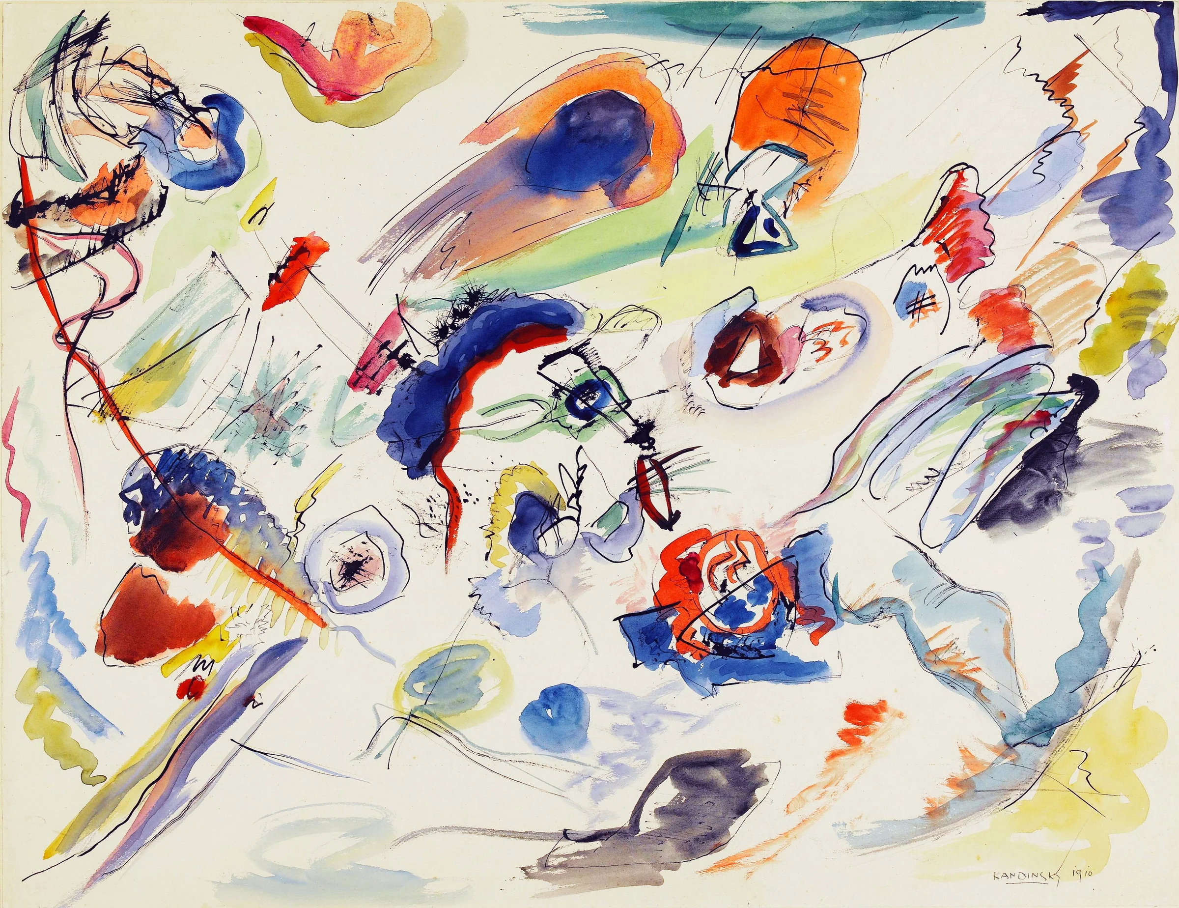 Primera acuarela abstracta atribuida a Wassily Kandinsky, con pinceladas libres, líneas finas y manchas transparentes.