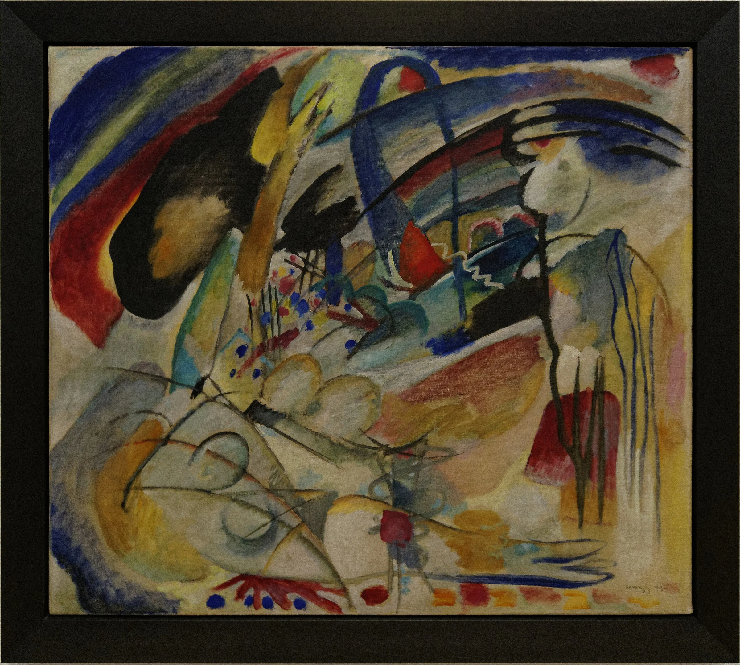 Improvisación 33 de Wassily Kandinsky, escena abstracta de líneas enérgicas y planos de color fotografiada en el Stedelijk Museum.