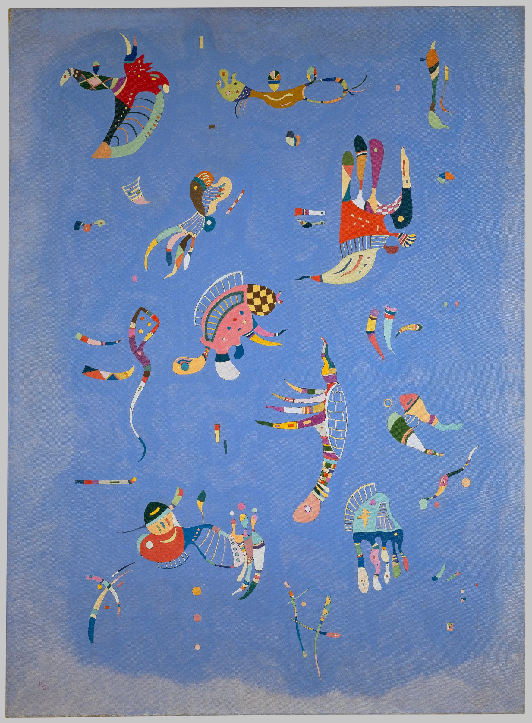 Azul celeste de Wassily Kandinsky, pequeñas formas biomórficas flotando sobre un campo azul profundo.