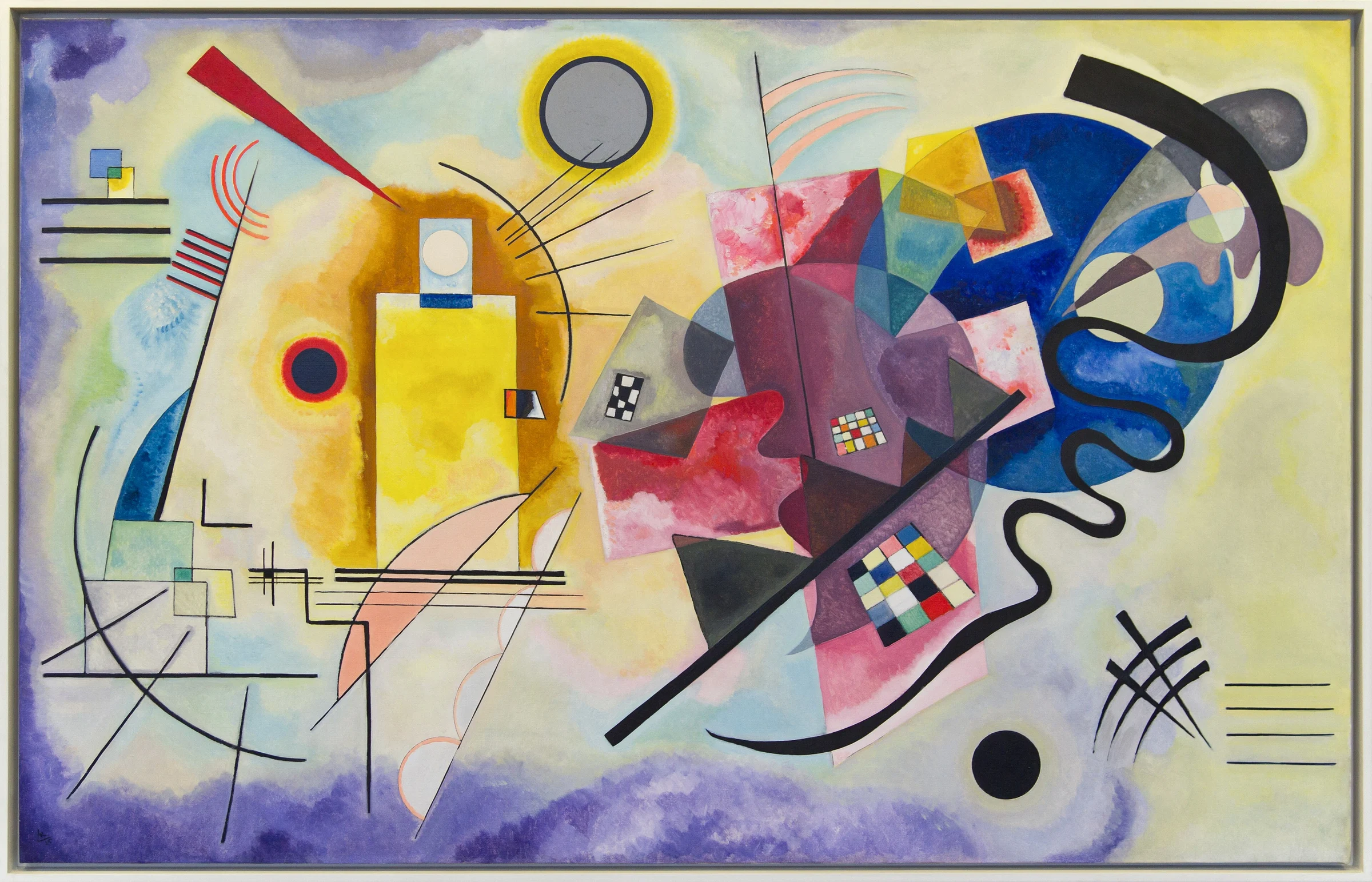 Amarillo, rojo y azul de Wassily Kandinsky, equilibrio de geometrías, curvas negras y grandes zonas cromáticas.