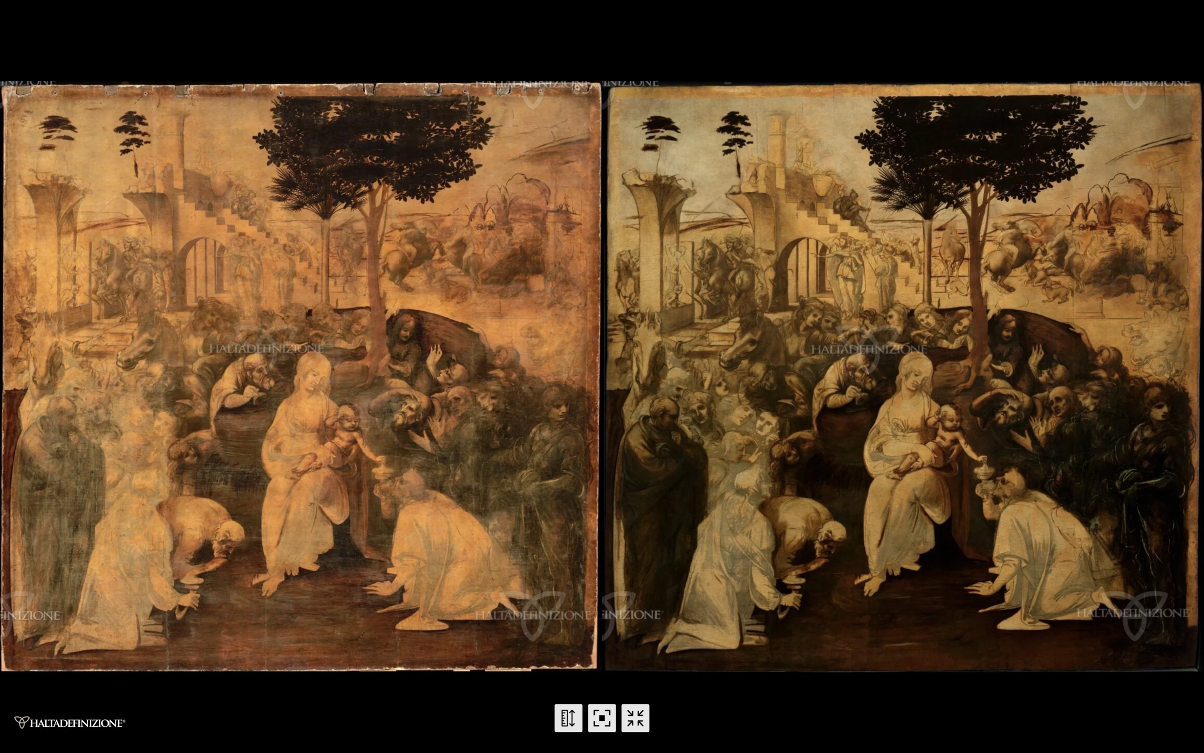 La adoración de los Magos de Leonardo da Vinci, comparación del panel inacabado antes y después de su restauración.