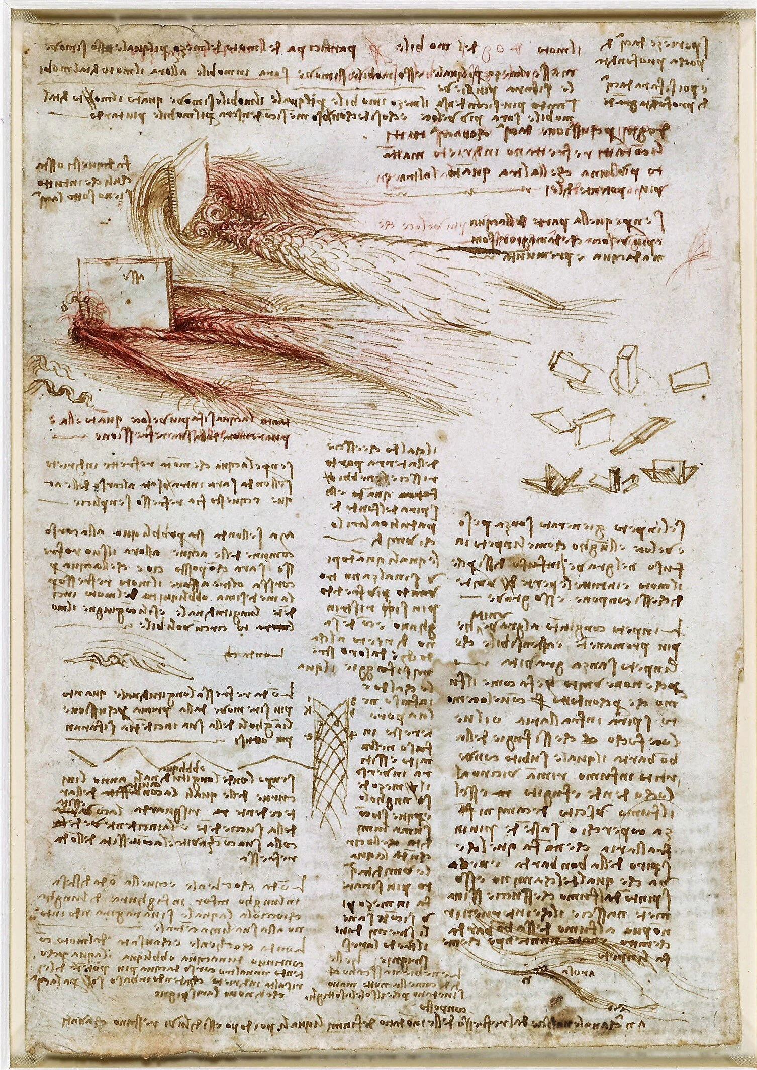 Estudios del agua de Leonardo da Vinci, dibujo a tinta de corrientes, remolinos y observaciones manuscritas.
