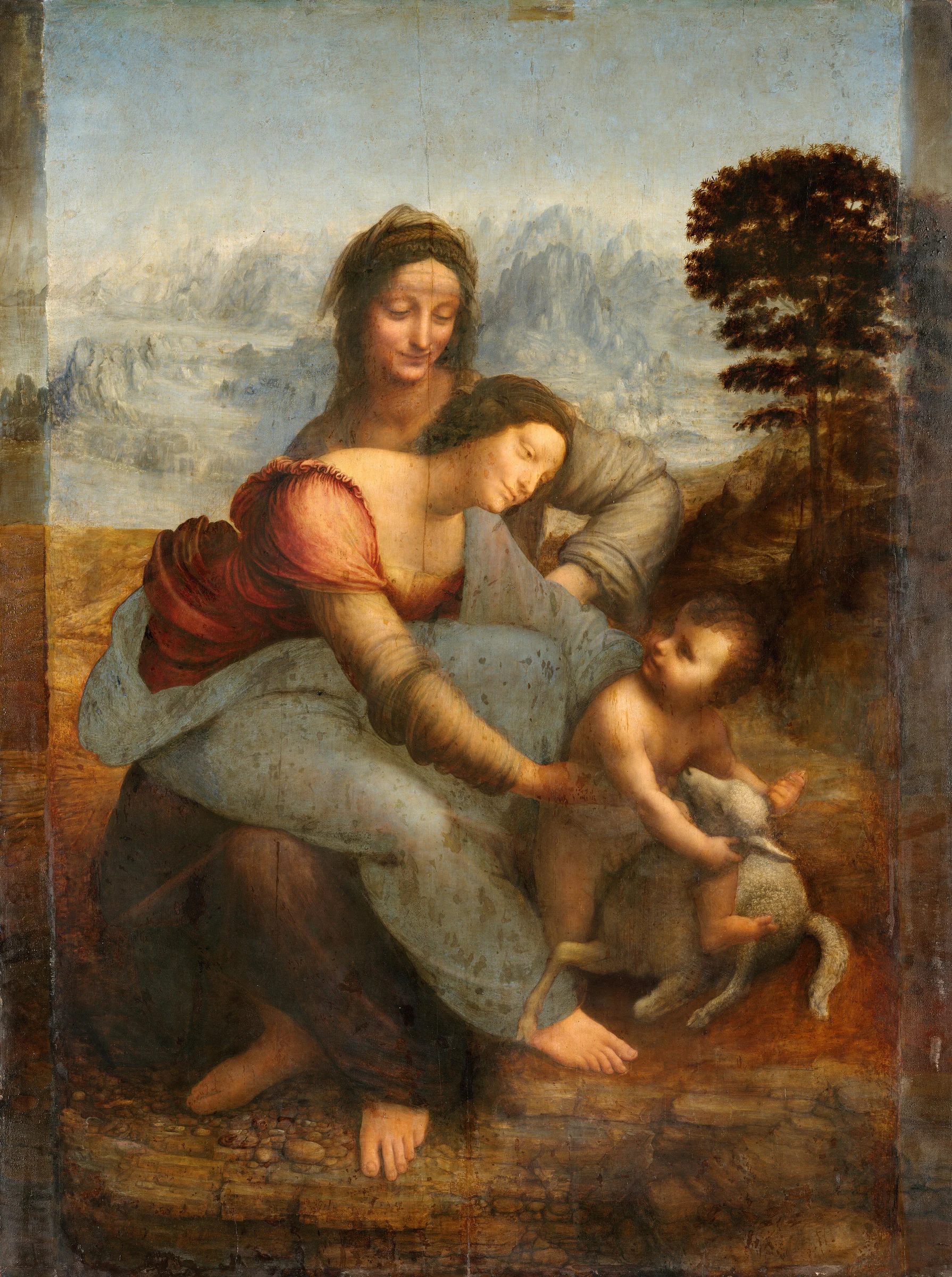 La Virgen, el Niño Jesús y santa Ana de Leonardo da Vinci, grupo de figuras enlazadas ante un paisaje rocoso.
