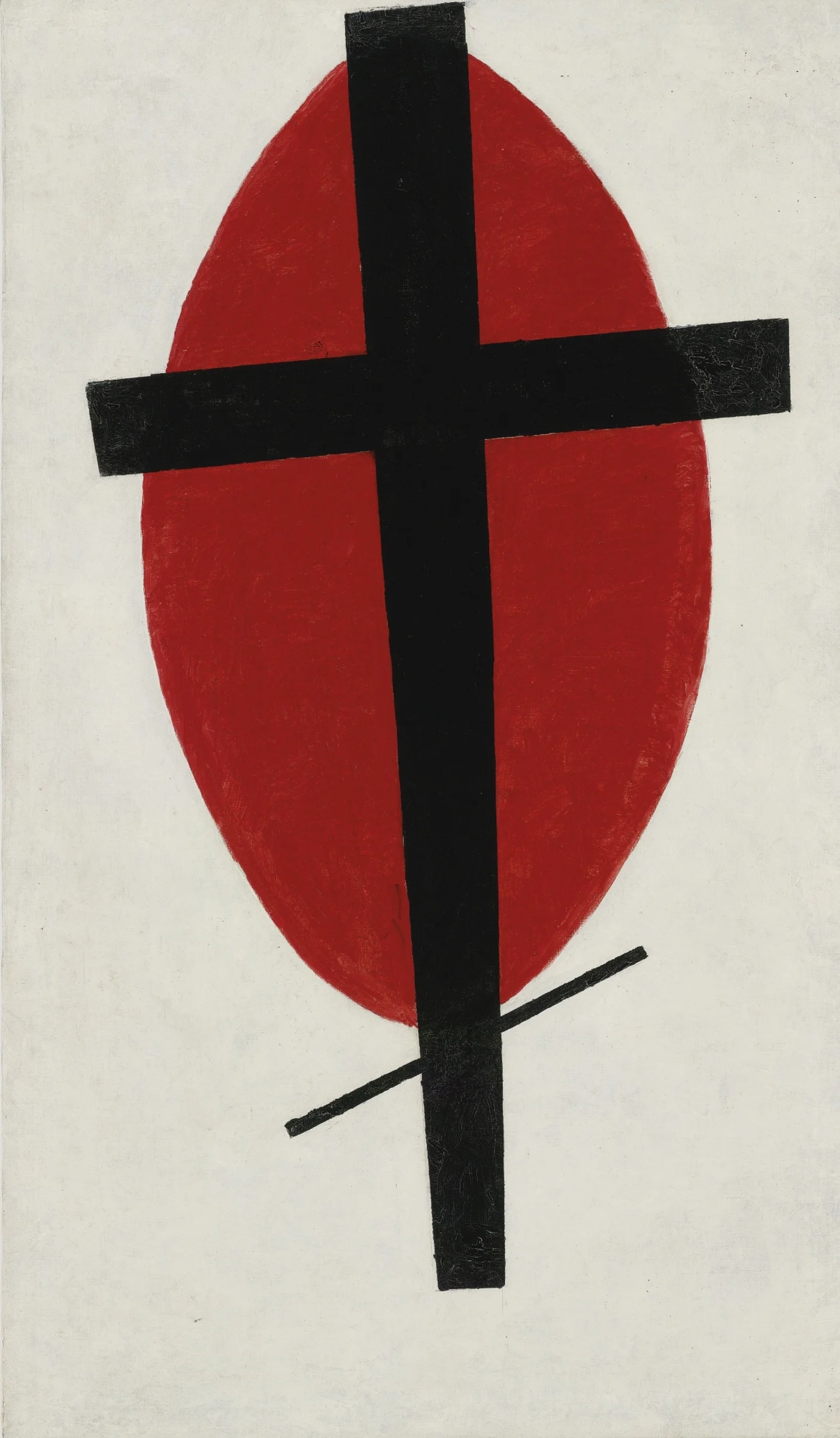 Suprematismo místico de Kazimir Malévich, cruz negra vertical superpuesta a un óvalo rojo sobre fondo blanco.