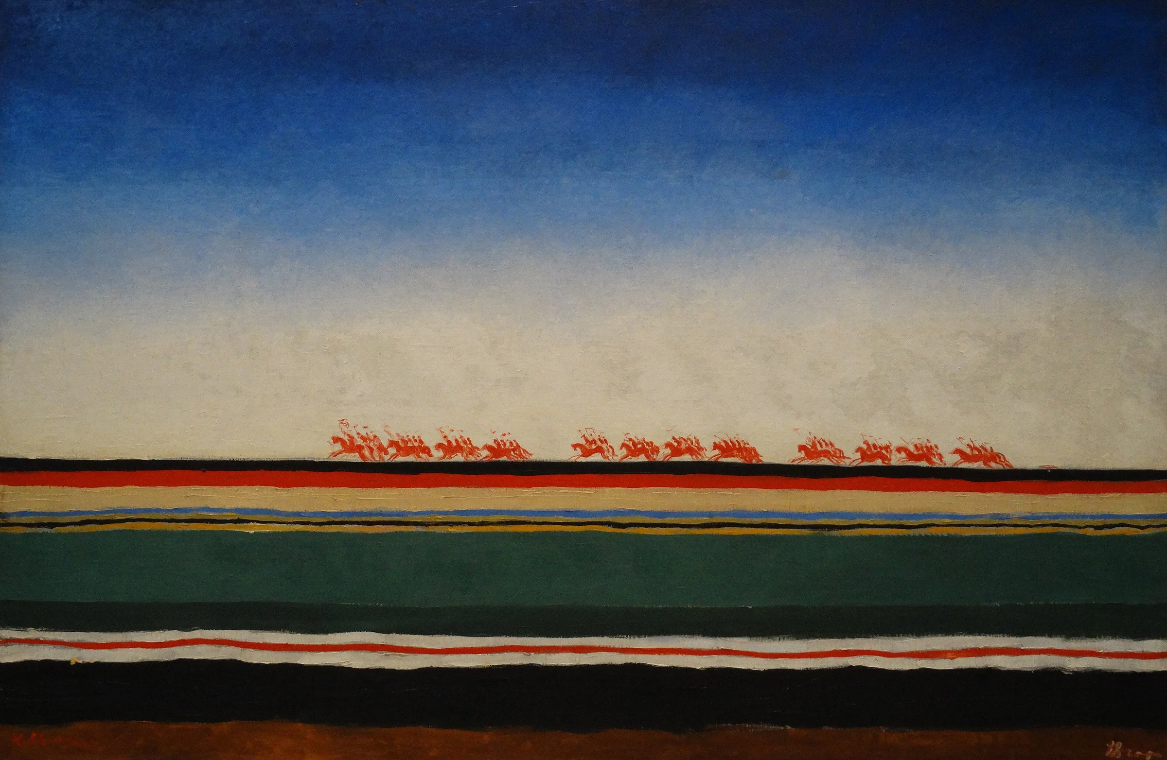 Caballería roja de Kazimir Malévich, jinetes diminutos avanzando en una franja roja sobre un paisaje horizontal.