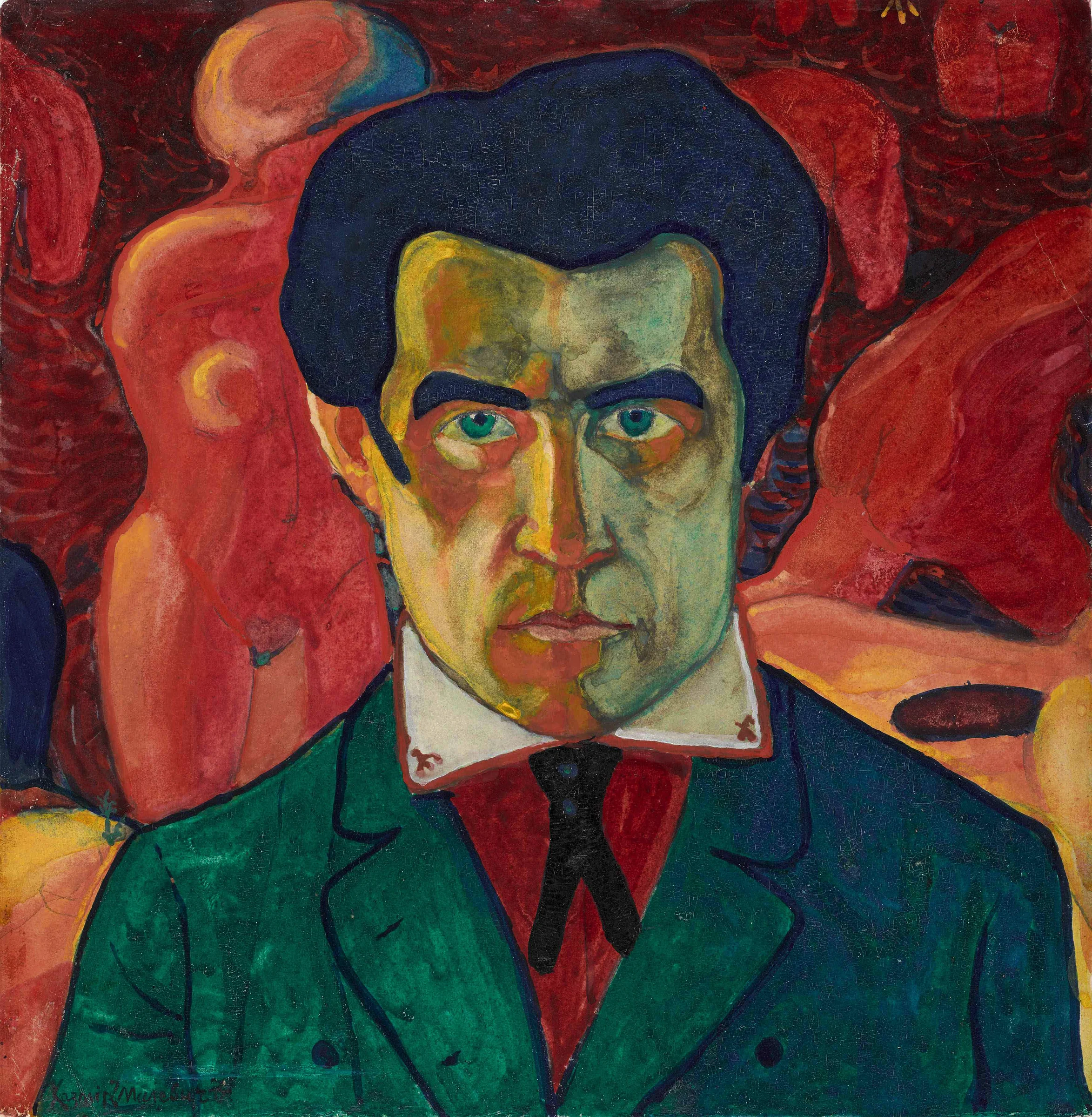 Autorretrato temprano de Kazimir Malévich, rostro frontal modelado con pinceladas verdes, azules y rojizas.