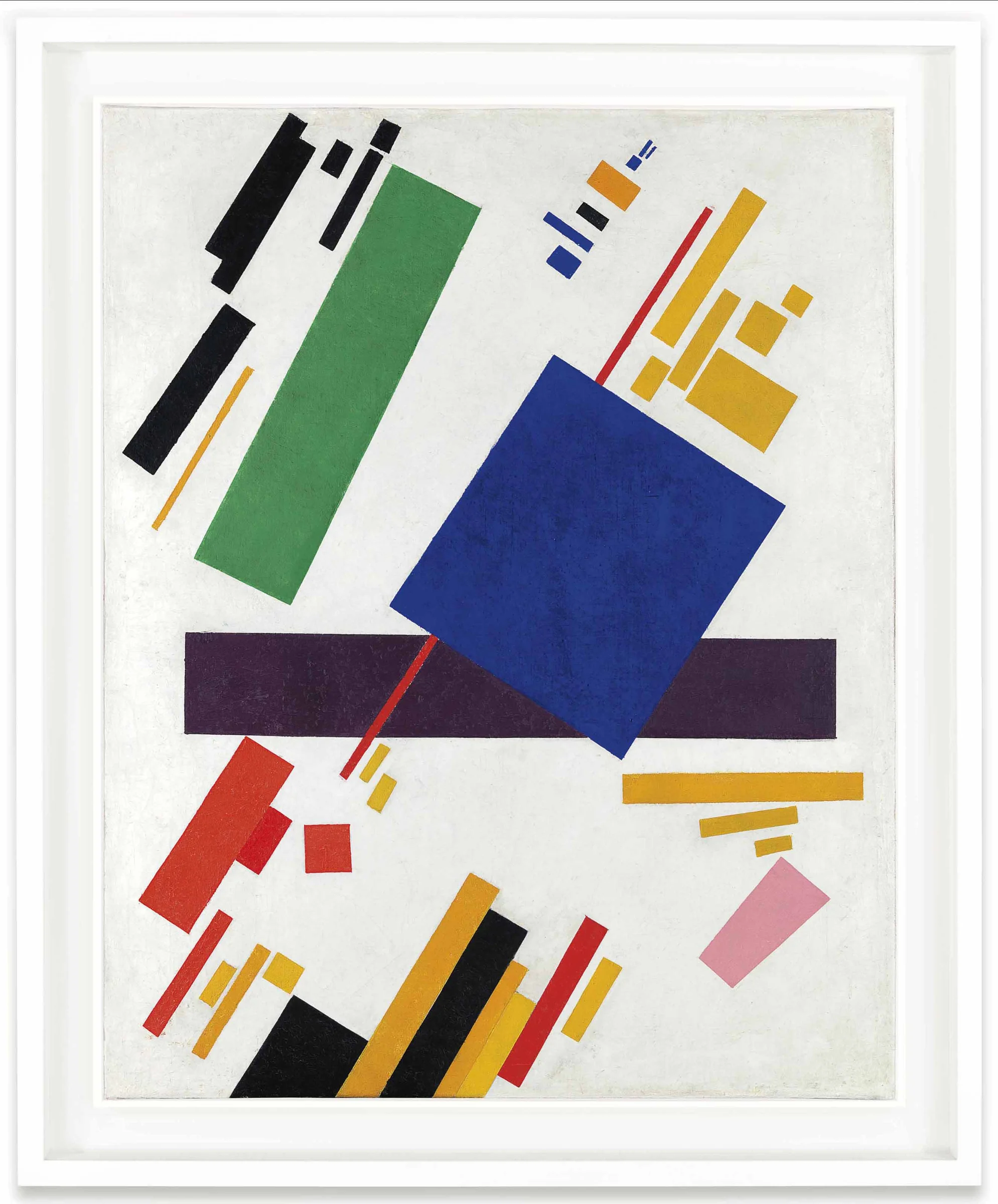 Composición suprematista de Kazimir Malévich, formas geométricas de colores suspendidas sobre un espacio blanco.