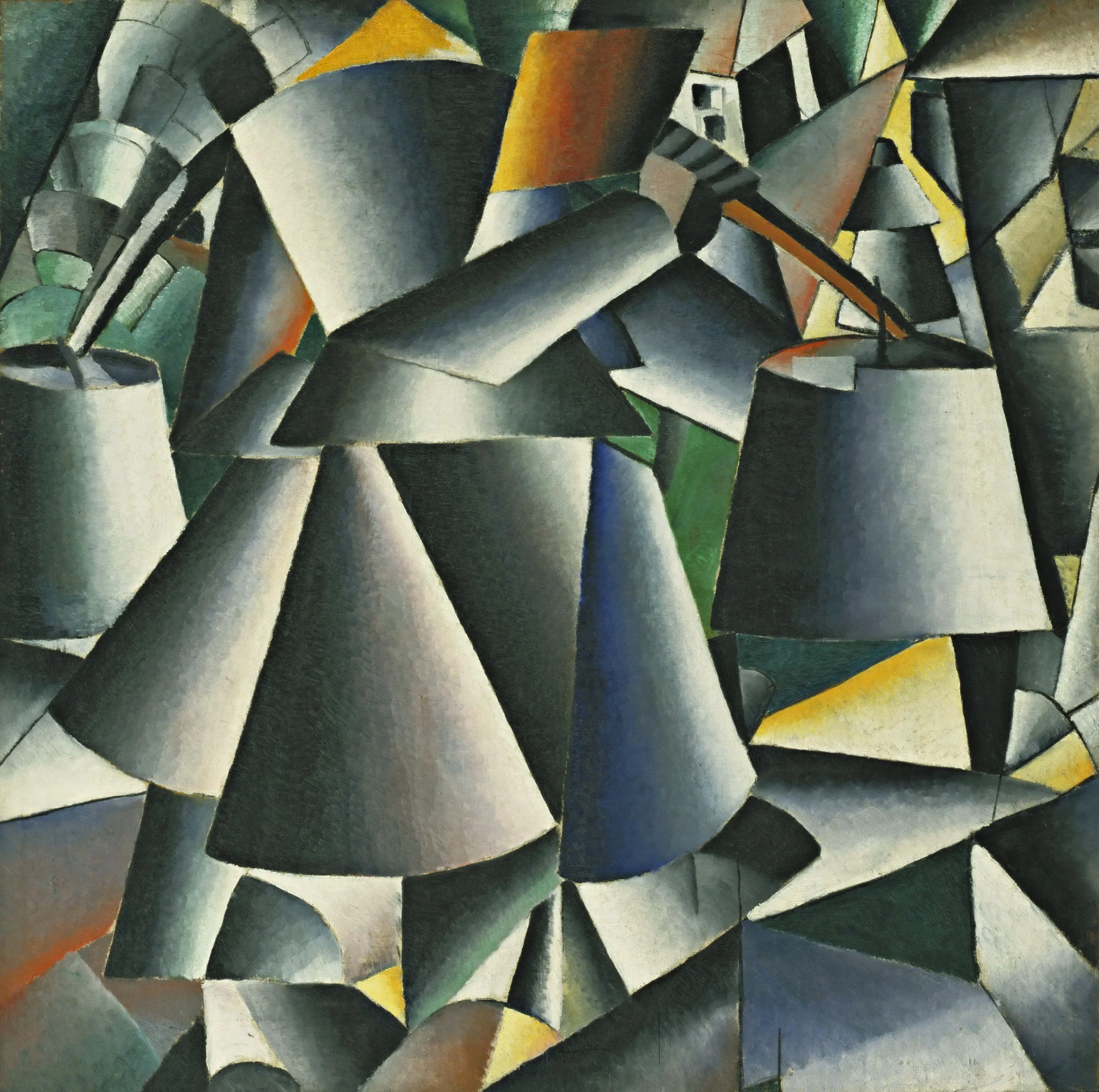 Mujer con cubos de Kazimir Malévich, figura campesina fragmentada en volúmenes cilíndricos y metálicos.