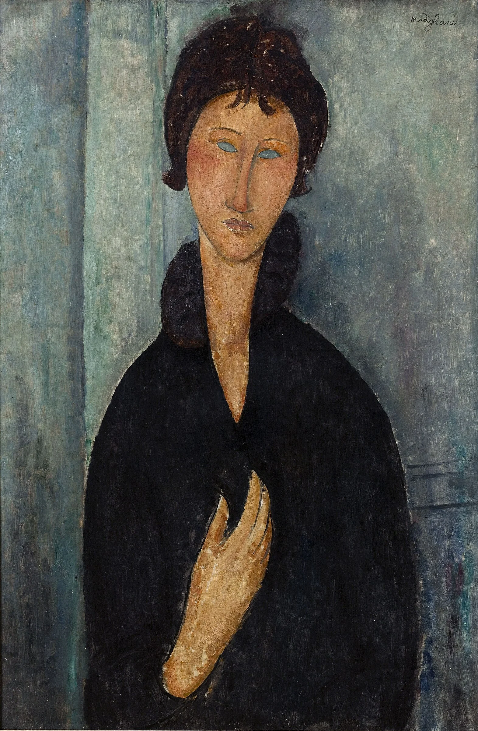 Mujer de ojos azules de Amedeo Modigliani, busto frontal con rostro alargado y mirada azul intensa.