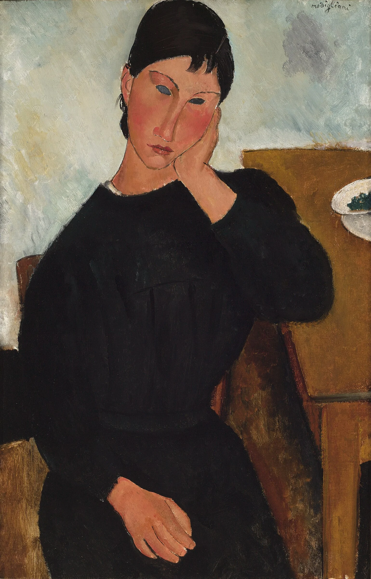 Elvira apoyada en una mesa de Amedeo Modigliani, mujer inclinada con el rostro descansando sobre una mano.