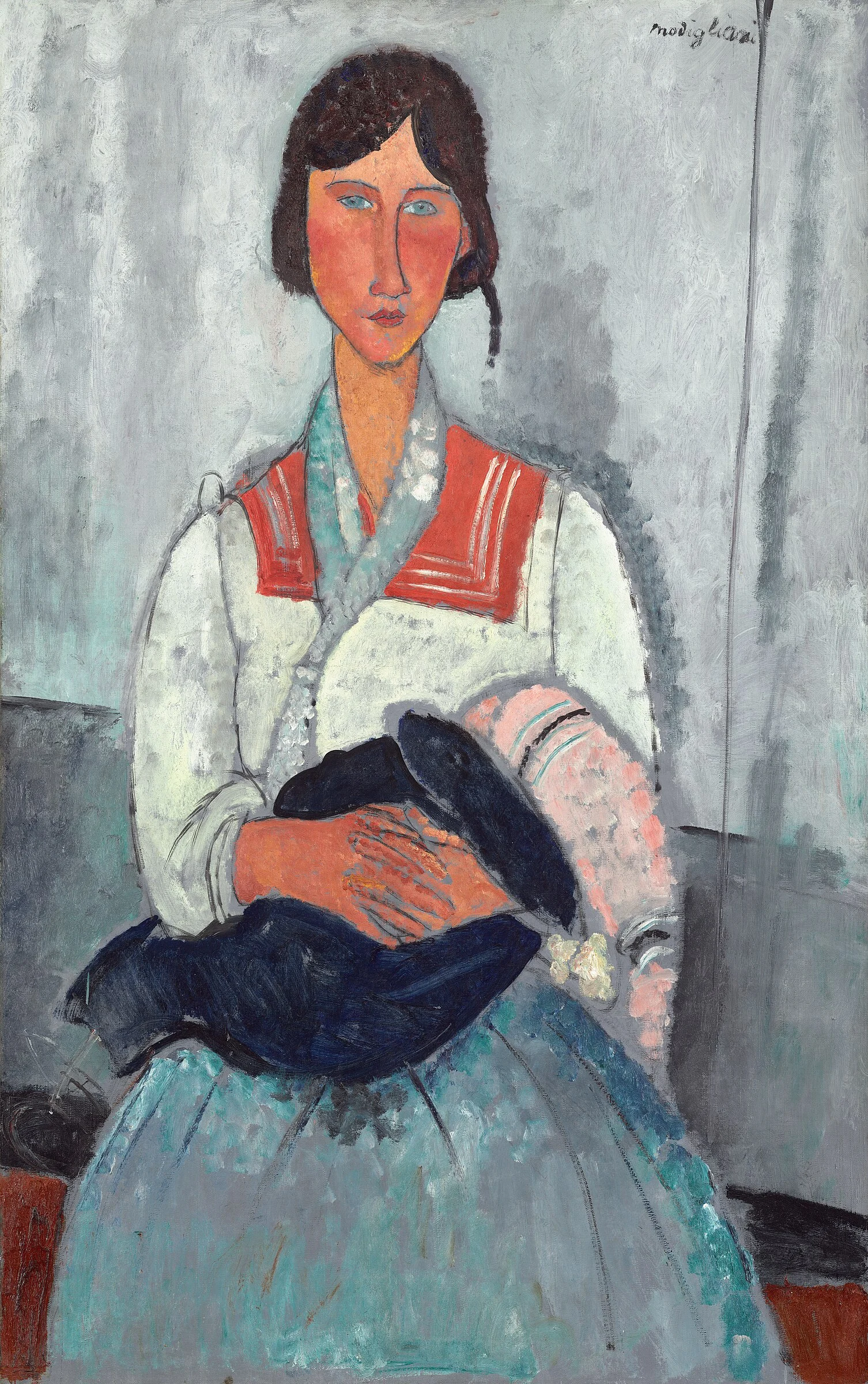 Gitana con niño de Amedeo Modigliani, madre de mirada serena sosteniendo a un bebé sobre su regazo.