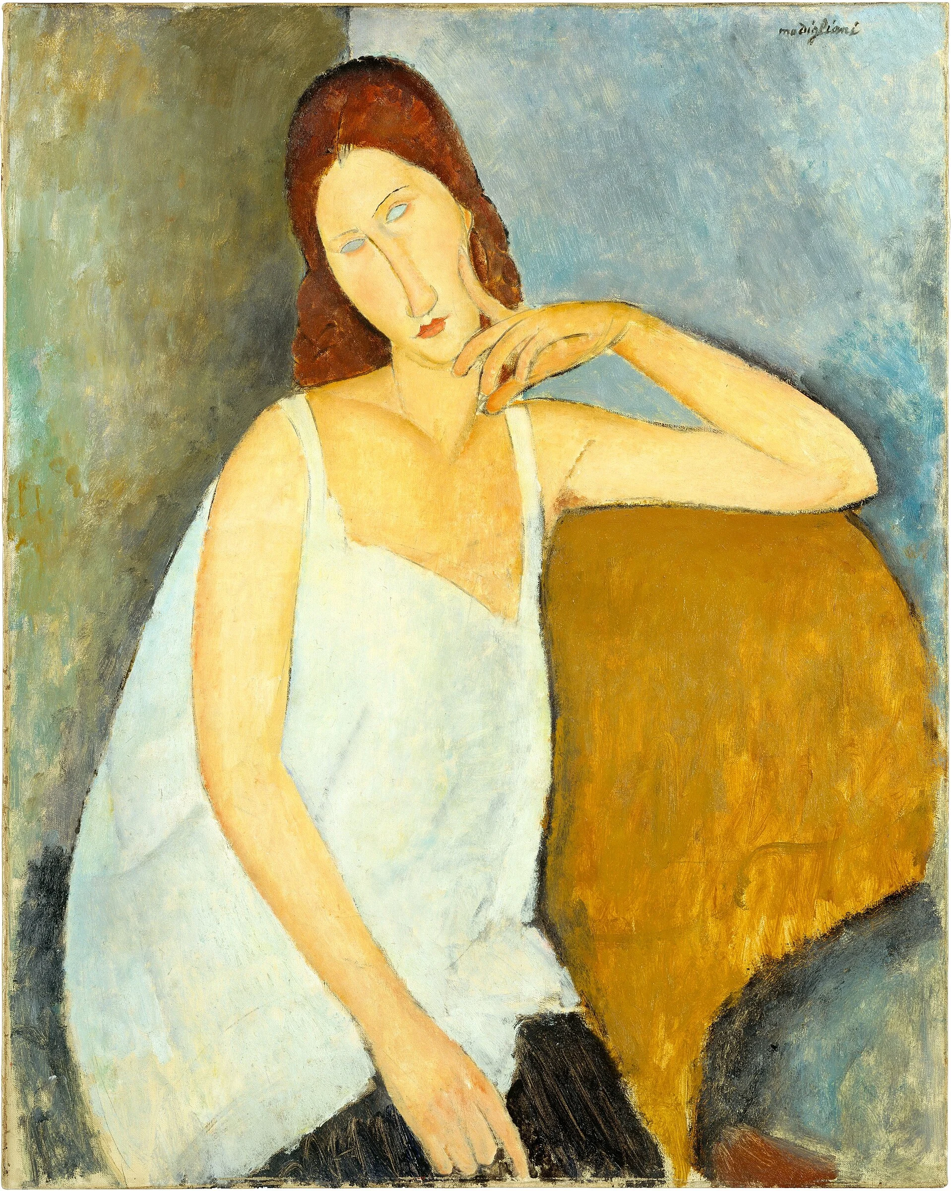 Retrato de Jeanne Hébuterne sentada pintado por Amedeo Modigliani