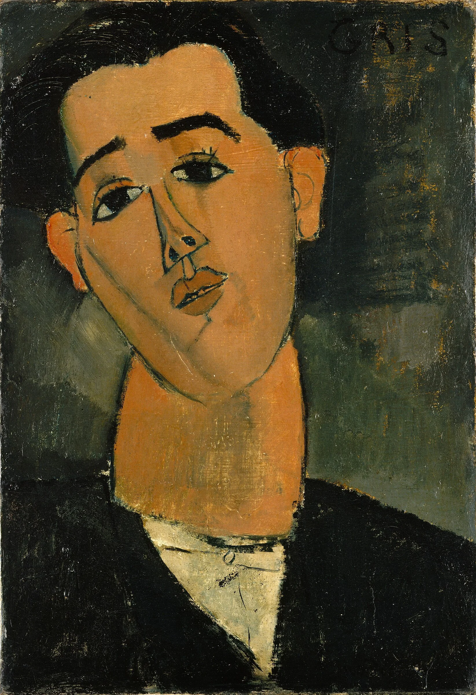 Retrato de Juan Gris por Amedeo Modigliani, cabeza alargada de perfil parcial sobre un fondo neutro.