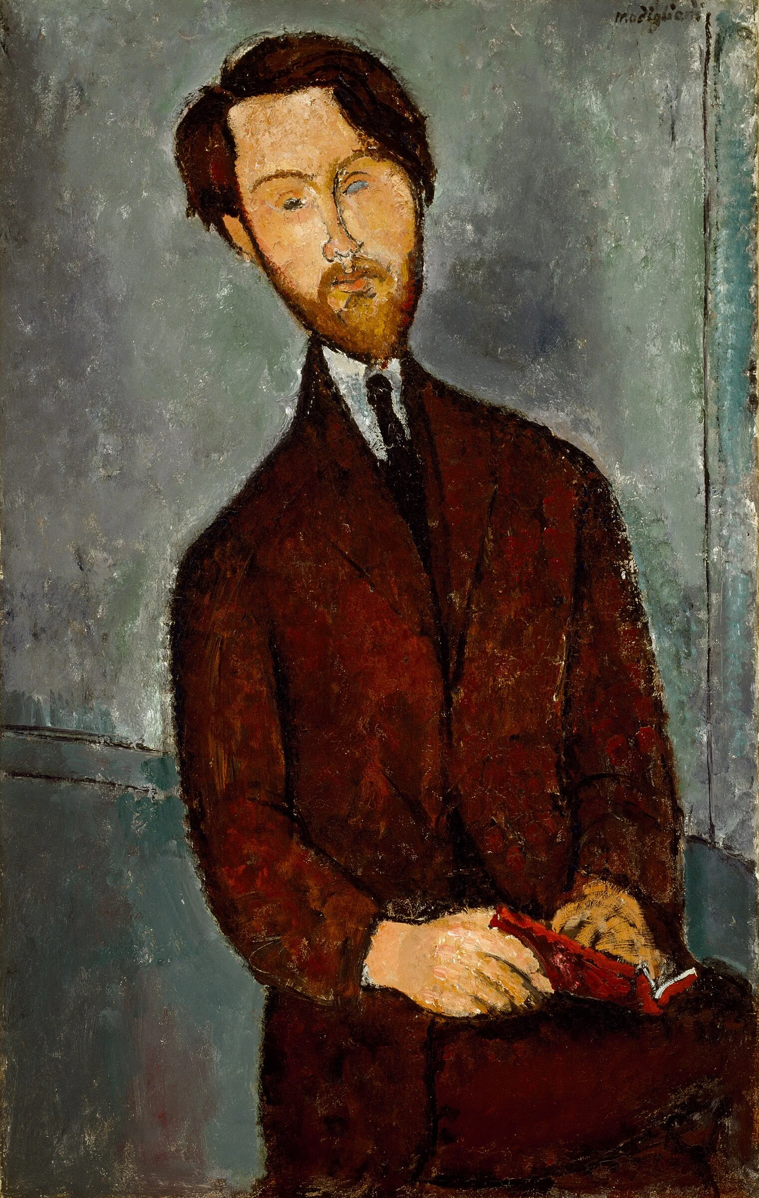 Retrato de Léopold Zborowski por Amedeo Modigliani, marchante sentado con traje oscuro y rostro estilizado.