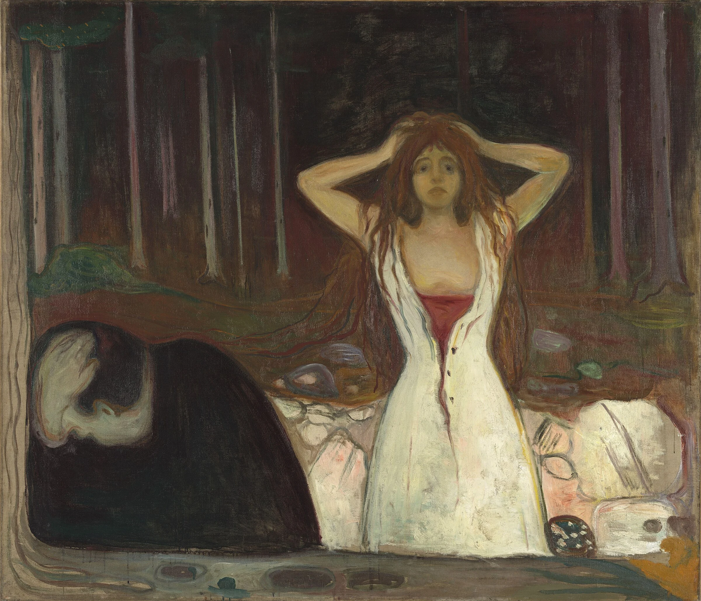 Cenizas de Edvard Munch, mujer de blanco frente a un hombre encorvado en un bosque oscuro.