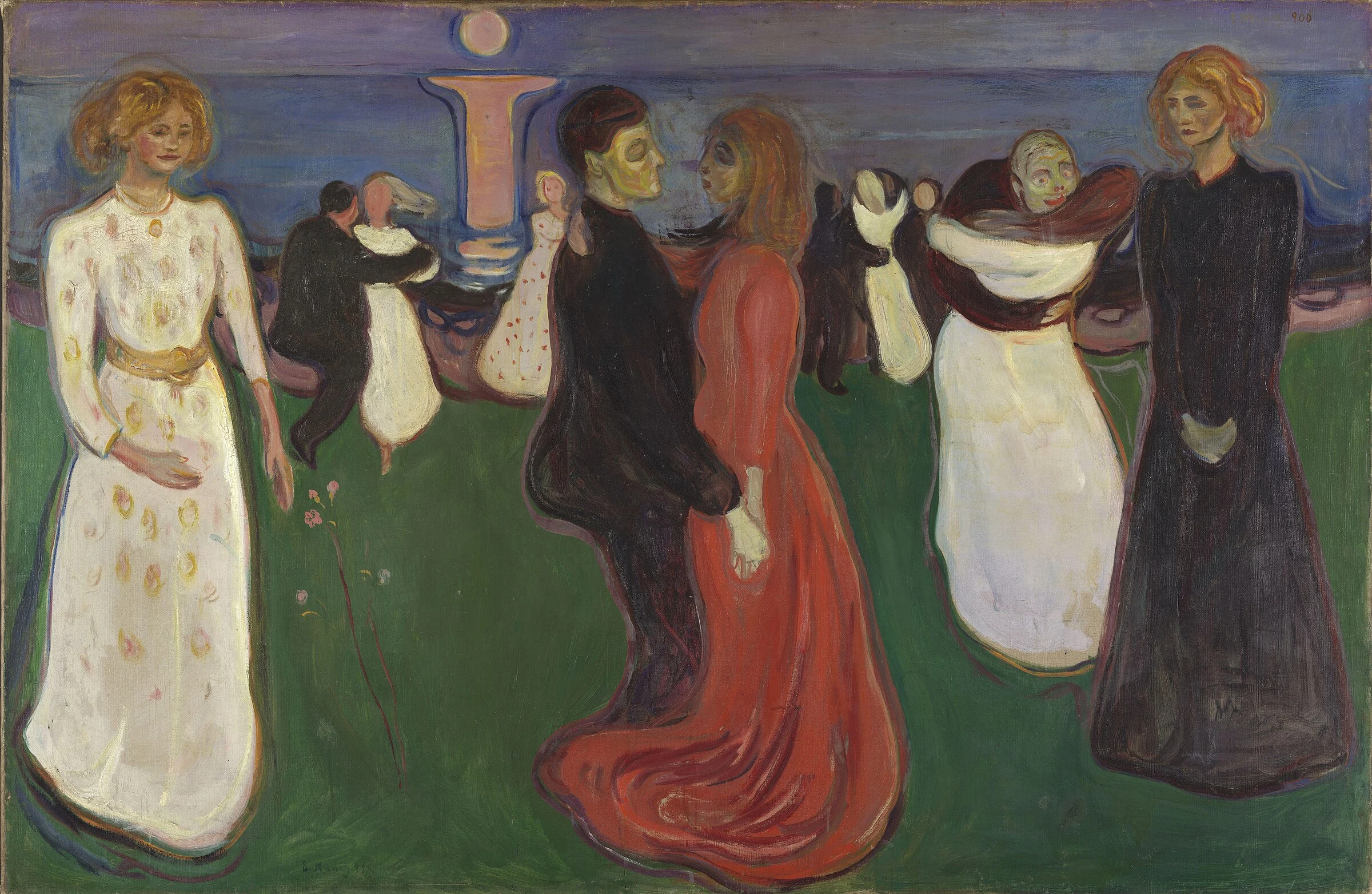 La danza de la vida de Edvard Munch, parejas bailando junto al mar entre una mujer vestida de blanco y otra de negro.