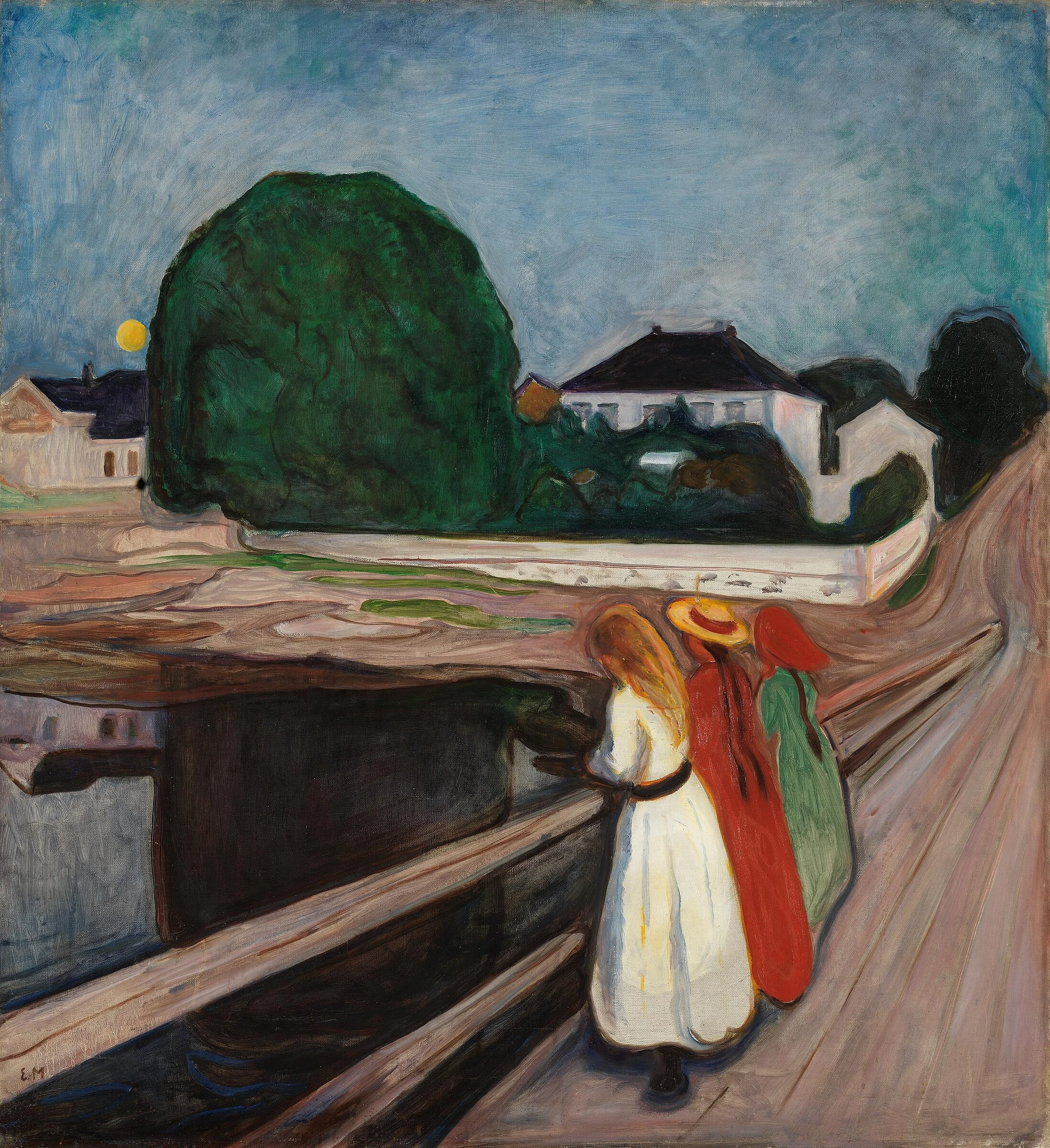 Las muchachas en el puente de Edvard Munch, tres figuras vistas de espaldas ante agua, árboles y casas reflejadas.