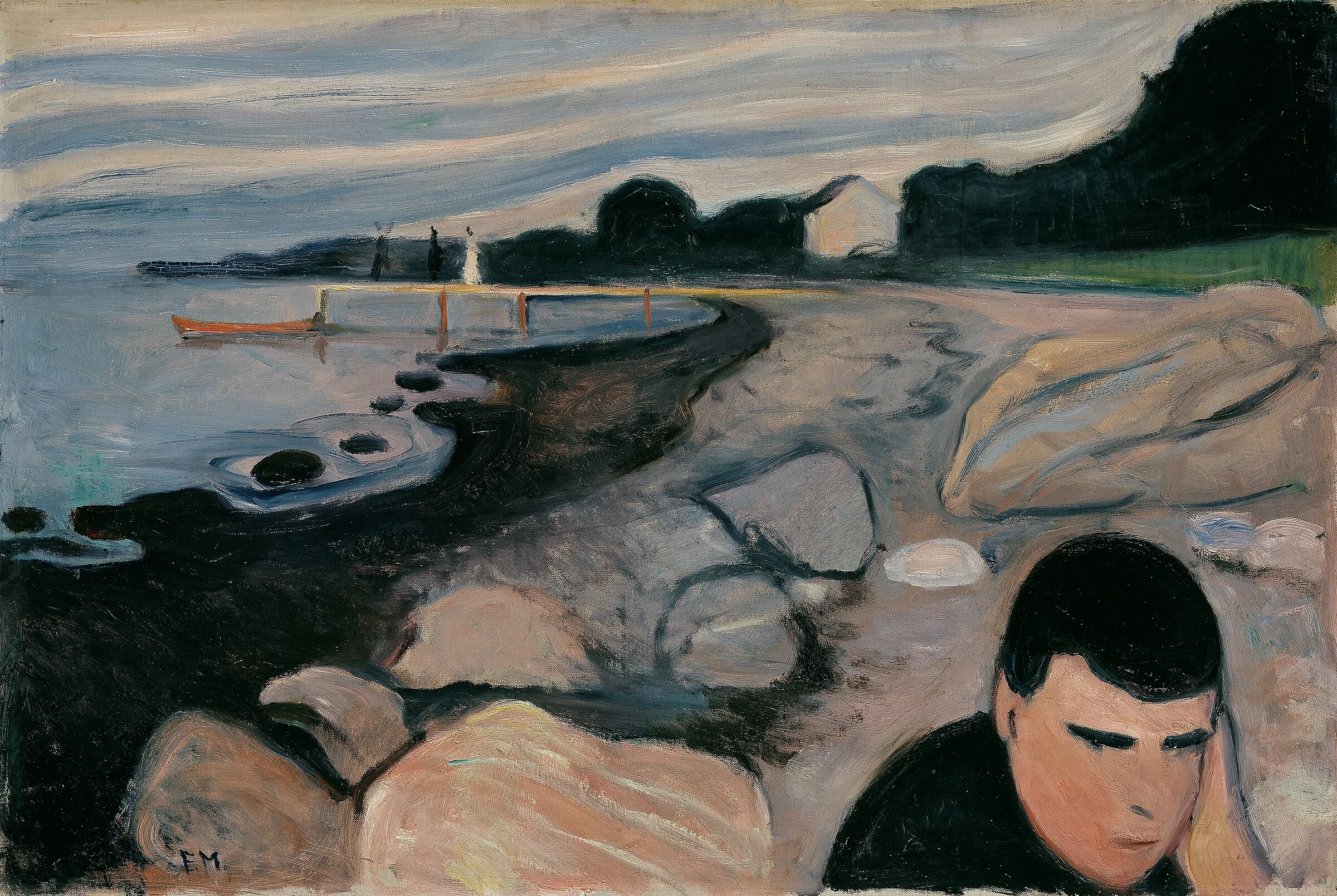 Melancolía de Edvard Munch, hombre pensativo en primer plano ante una costa de líneas ondulantes.