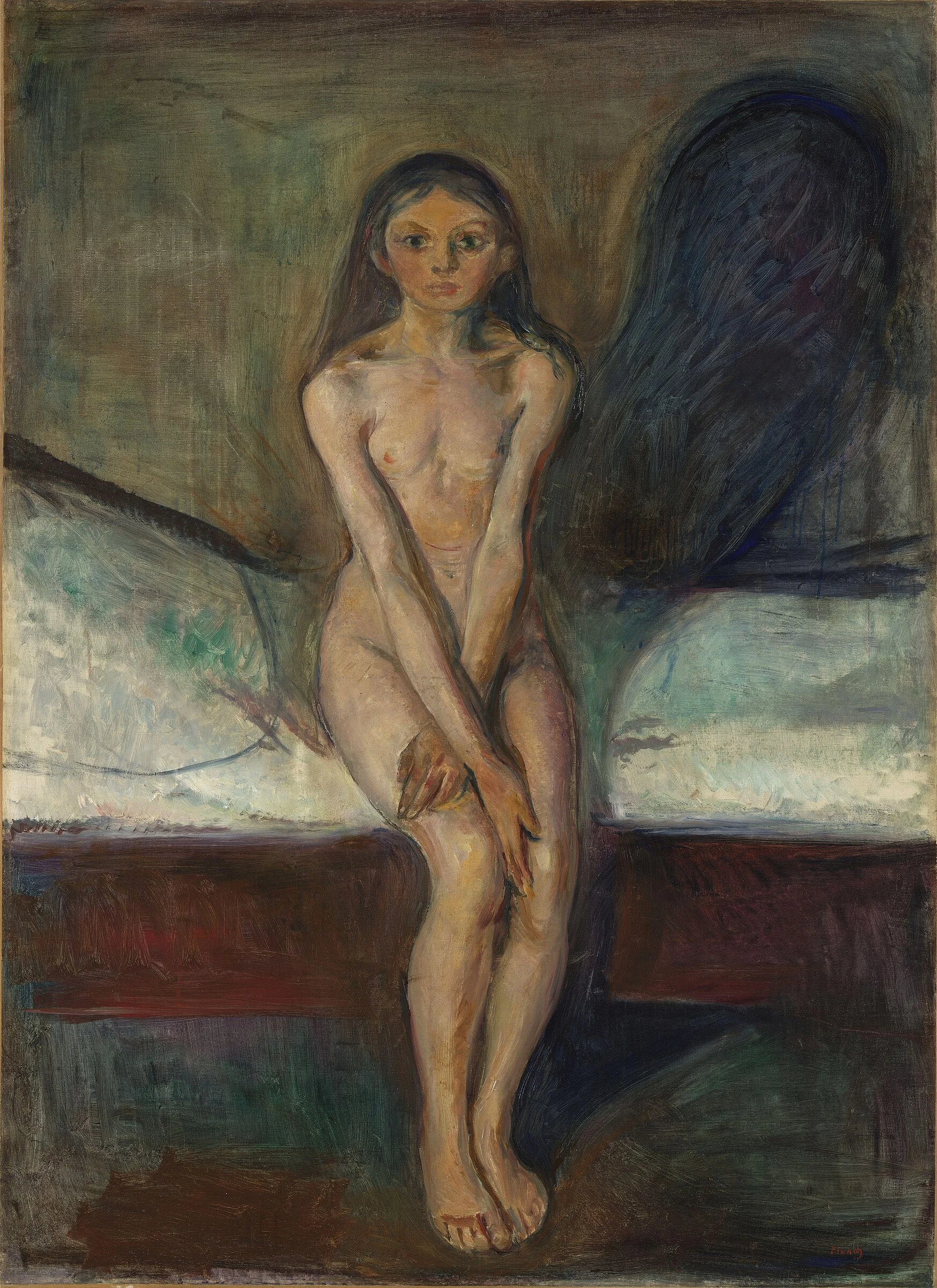 Pubertad de Edvard Munch, adolescente desnuda sentada en el borde de una cama ante una gran sombra oscura.