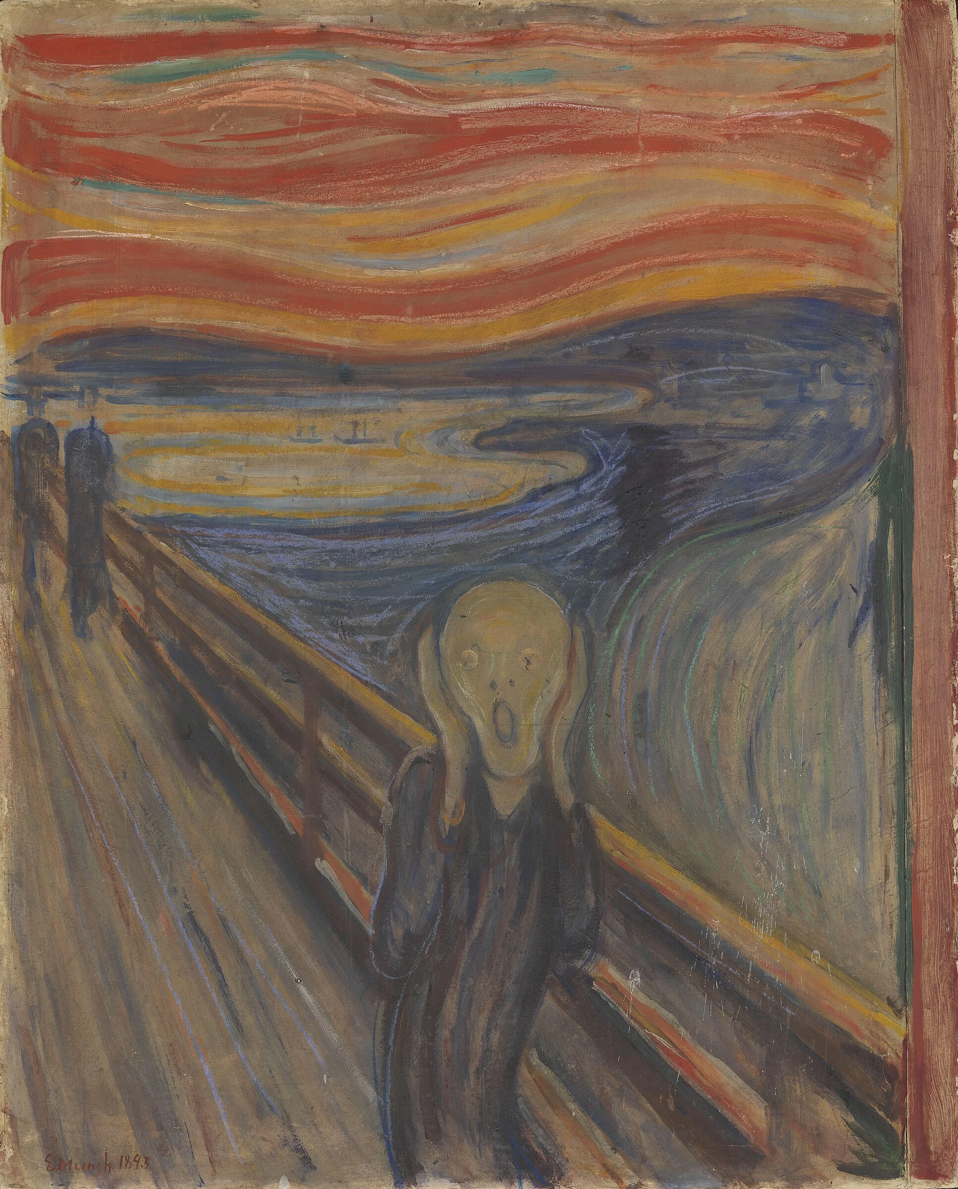 El grito de Edvard Munch, figura angustiada bajo un cielo ondulante