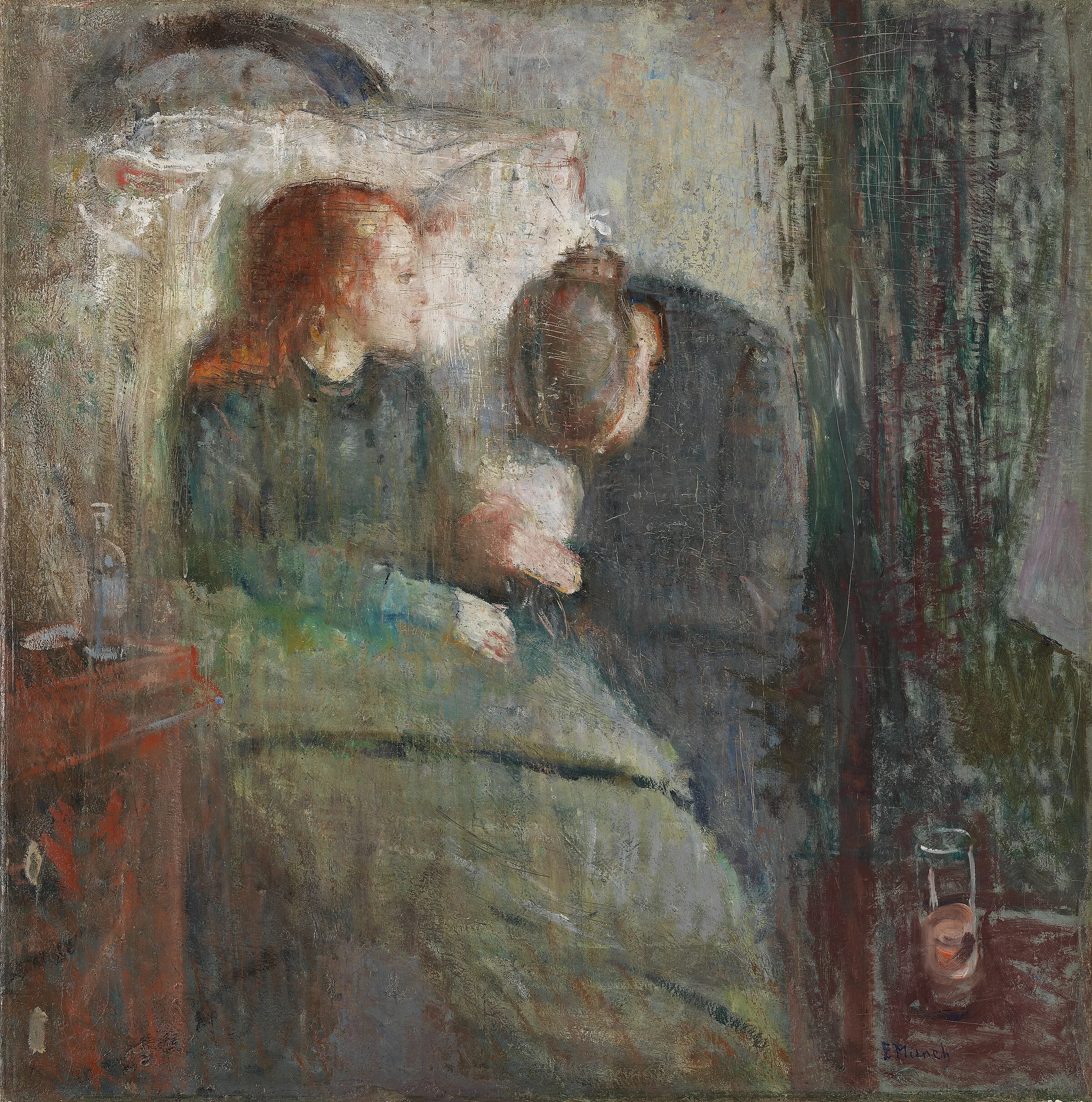La niña enferma de Edvard Munch, una niña pálida junto a una mujer inclinada