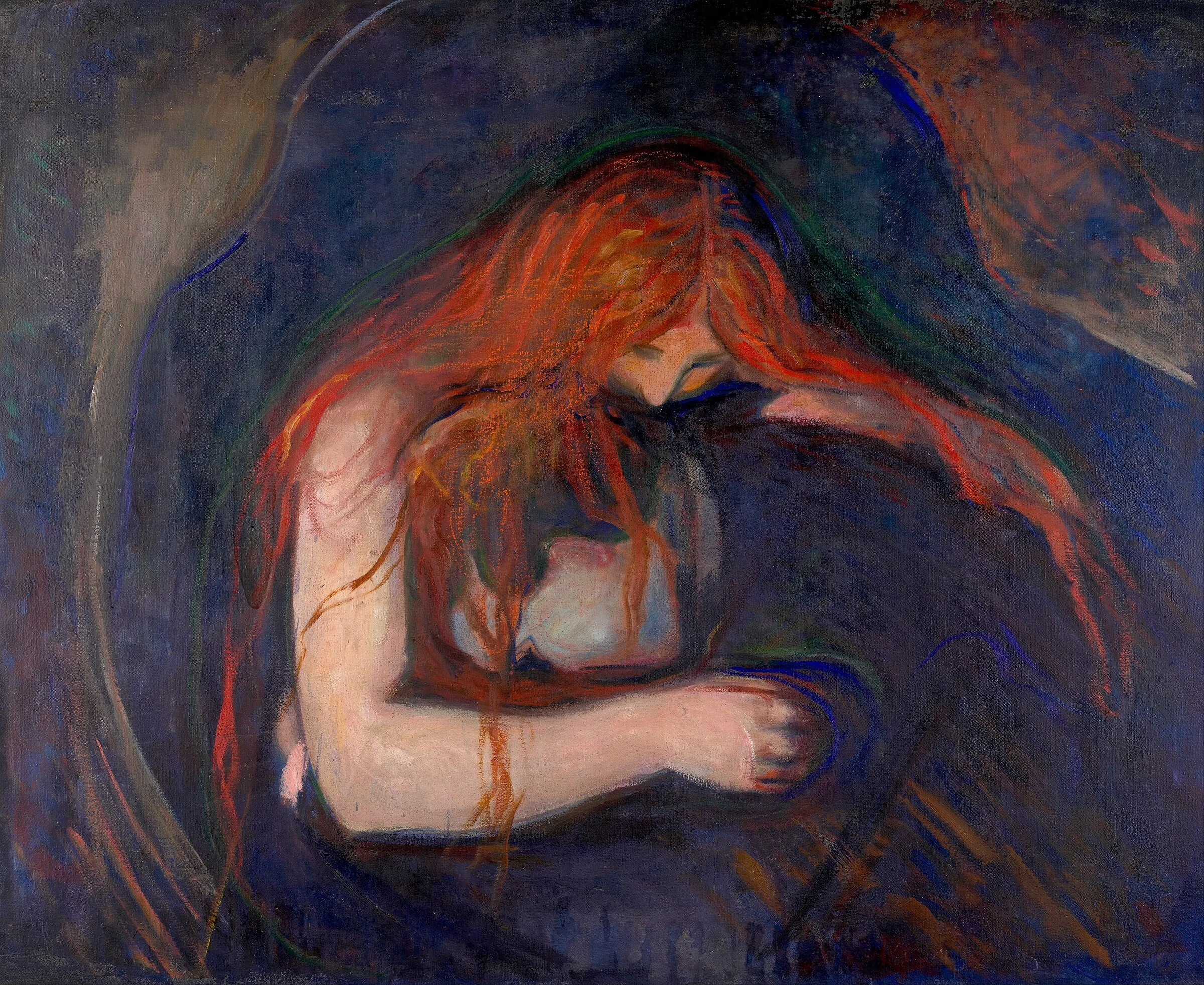 Vampiro de Edvard Munch, pareja abrazada bajo una masa envolvente de cabello rojo.