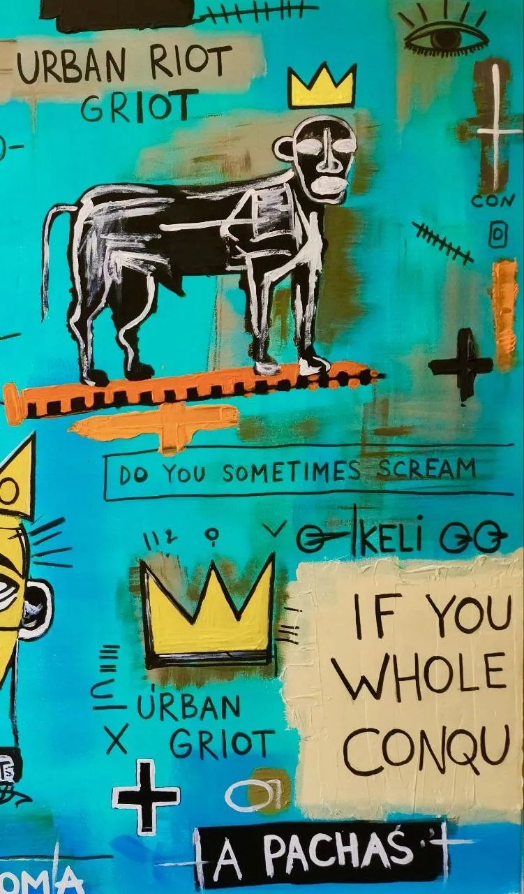 Detail from Madrileño with turquoise and yellow fields, drawn figures, crowns and the words A Pachas