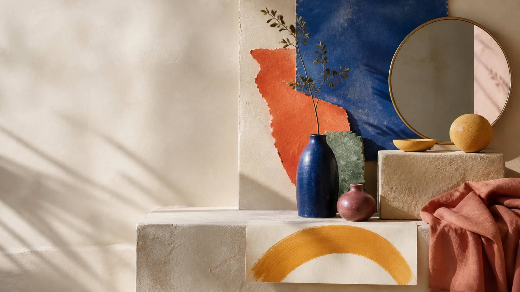 A still life in blue, orange, green, rose and ochre