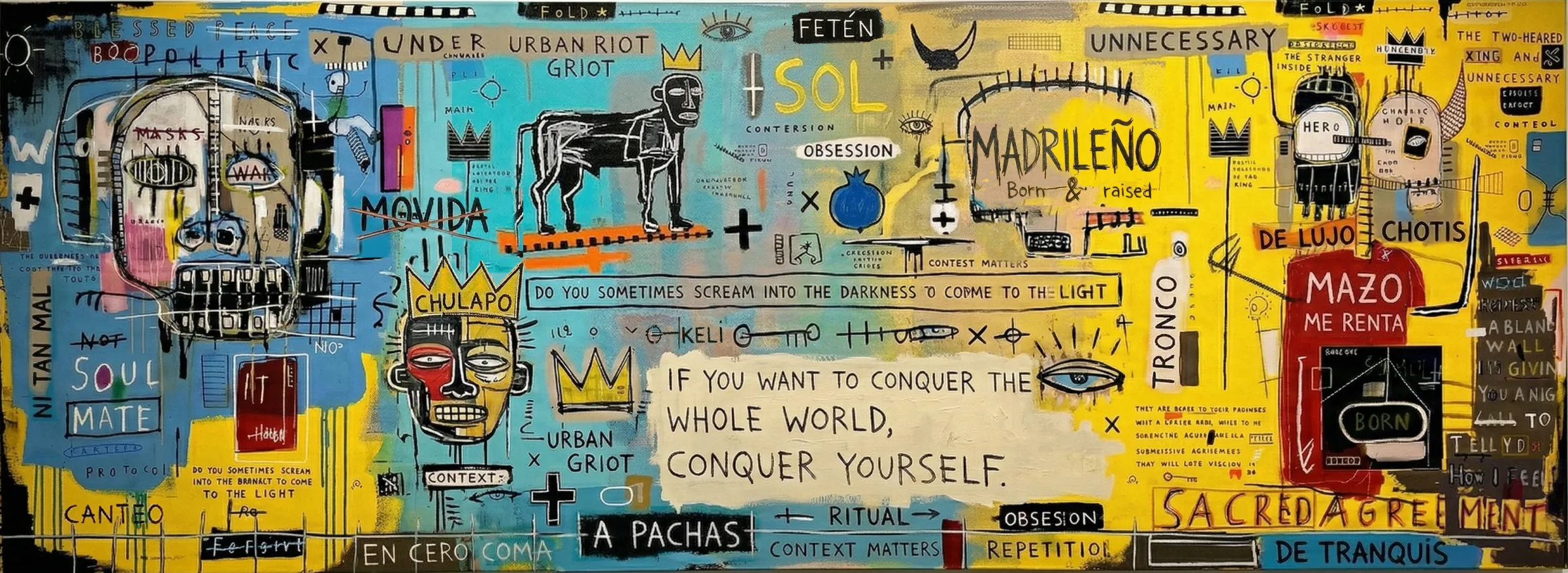 Madrileño, a contemporary painting with turquoise and yellow fields, black gestures and hand-drawn urban symbols